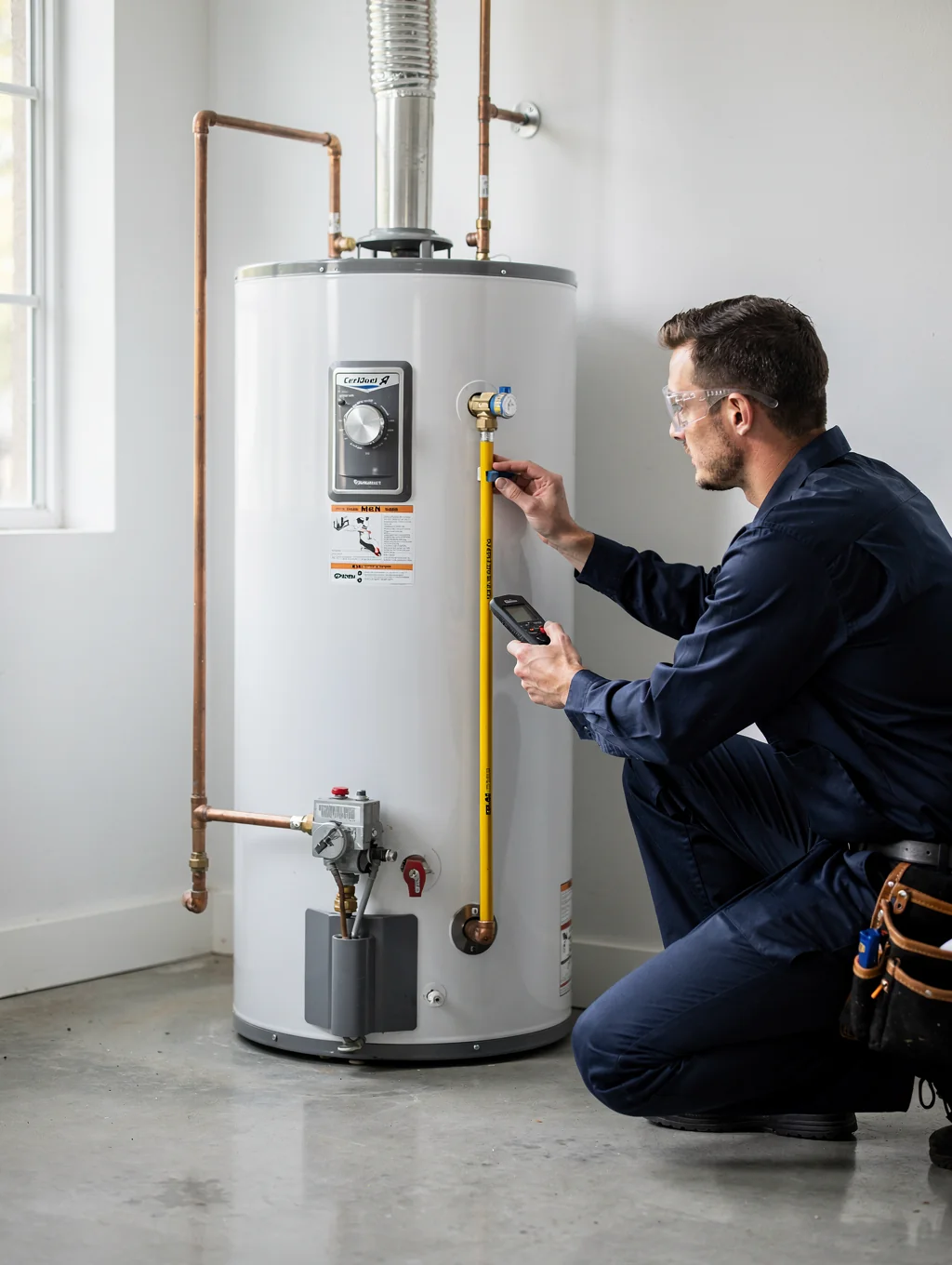 Installed natural gas water heater connected to residential plumbing in a modern home utility space
