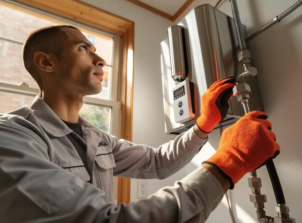 Certified technician servicing a natural gas water heater installation in California